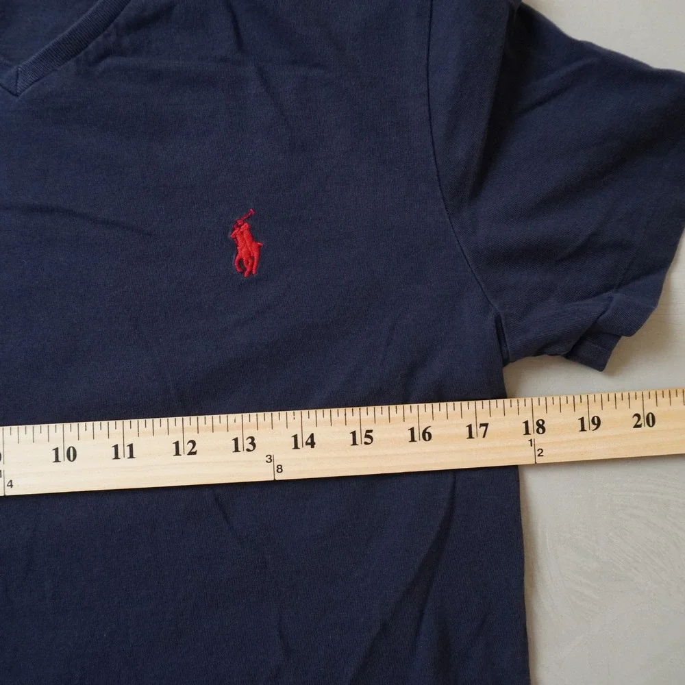 Polo Ralph Lauren T-Shirt Small Mens Navy Blue V-Neck Red Pony Logo Short Sleeve
